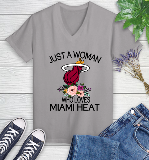 NBA Just A Woman Who Loves Miami Heat Basketball Sports Women's V-Neck T-Shirt 2