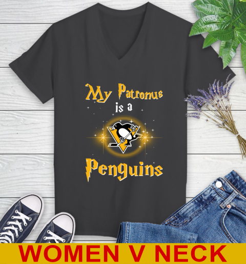 NHL Hockey Harry Potter My Patronus Is A Pittsburgh Penguins Women's V-Neck T-Shirt 8