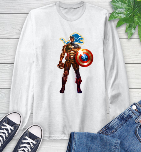 NFL Captain America Marvel Avengers Endgame Football Sports Detroit Lions Long Sleeve T-Shirt