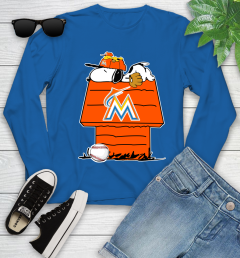 MLB Miami Marlins Snoopy Woodstock The Peanuts Movie Baseball T Shirt Youth Long Sleeve 9