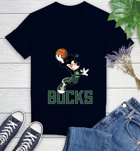 NBA Basketball Milwaukee Bucks Cheerful Mickey Mouse Shirt Women's V-Neck T-Shirt 3