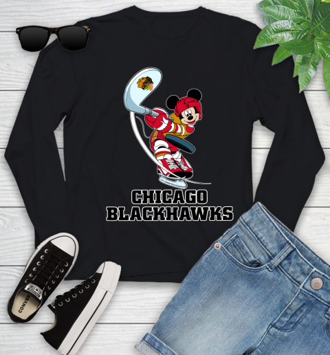 NHL Hockey Chicago Blackhawks Cheerful Mickey Mouse Shirt Youth Long Sleeve