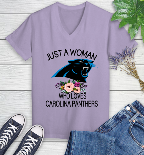 NFL Just A Woman Who Loves Carolina Panthers Football Sports Women's V-Neck T-Shirt 9