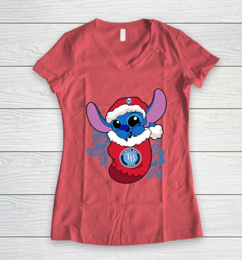 Tampa Bay Rays Christmas Stitch In The Sock Funny Disney MLB Women's V-Neck T-Shirt 6