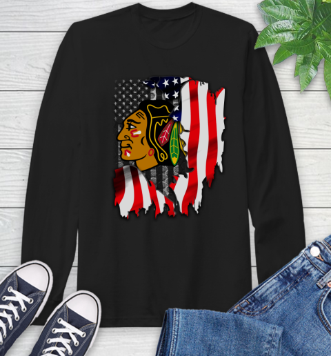 Chicago Blackhawks NHL Hockey American Flag Long Sleeve T-Shirt