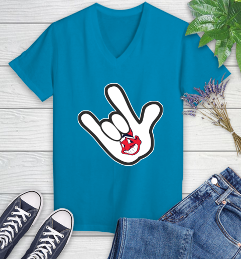 Cleveland Indians MLB Baseball Mickey Rock Hand Disney Women's V-Neck T-Shirt 7