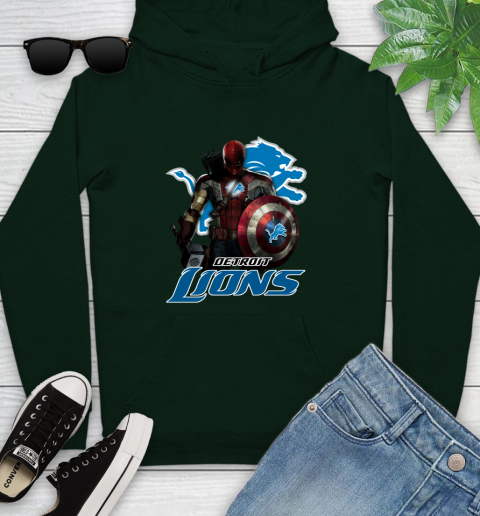NFL Captain America Thor Spider Man Hawkeye Avengers Endgame Football Detroit Lions Youth Hoodie 13
