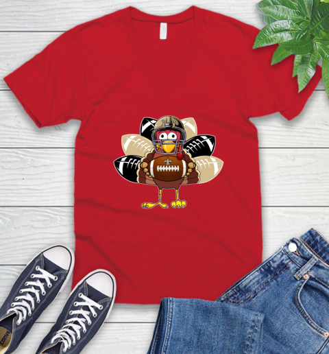 New Orleans Saints Turkey Thanksgiving Day V-Neck T-Shirt 7