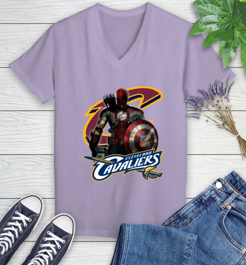 Cleveland Cavaliers NBA Basketball Captain America Thor Spider Man Hawkeye Avengers Women's V-Neck T-Shirt 14