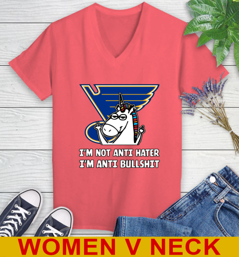 St.Louis Blues NHL Hockey Unicorn I'm Not Anti Hater I'm Anti Bullshit Women's V-Neck T-Shirt 7