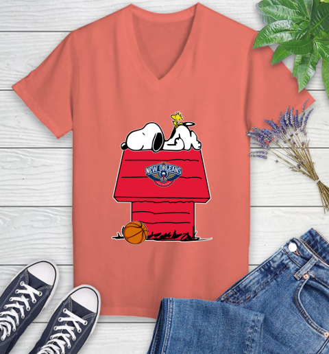 New Orleans Pelicans NBA Basketball Snoopy Woodstock The Peanuts Movie Women's V-Neck T-Shirt 6