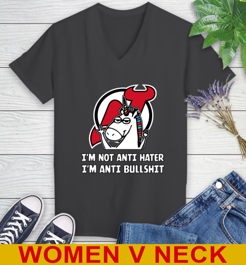 New Jersey Devils NHL Hockey Unicorn I'm Not Anti Hater I'm Anti Bullshit Women's V-Neck T-Shirt 10 New Jersey Devils NHL Hockey Unicorn I'm Not Anti Hater I'm Anti Bullshit Women's V-Neck T-Shirt - Image 10