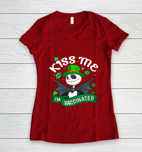 Kiss Me I'm Vaccinated Patrick's Day Jack Skellington Women's V-Neck T-Shirt 8