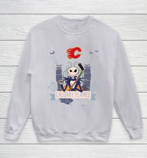 NHL Calgary Flames Hockey Jack Skellington Halloween Youth Sweatshirt 3