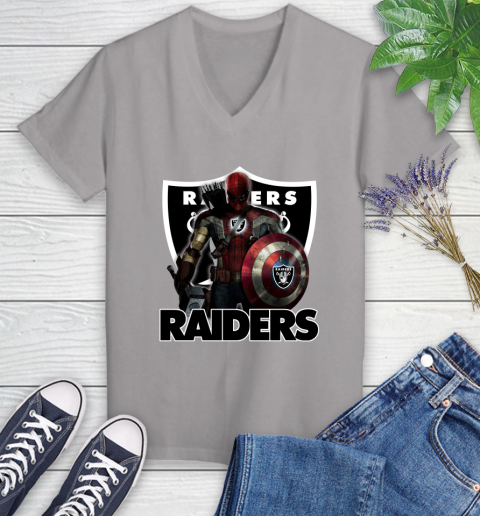 NFL Captain America Thor Spider Man Hawkeye Avengers Endgame Football Oakland Raiders Women's V-Neck T-Shirt 4