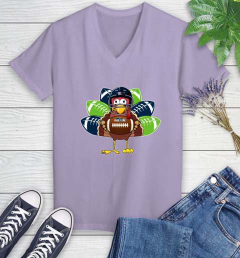 Seattle Seahawks Turkey Thanksgiving Day Women's V-Neck T-Shirt 14