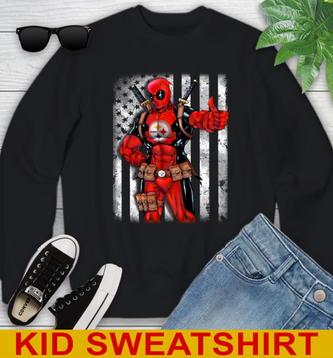 NFL Football Pittsburgh Steelers Deadpool American Flag Shirt Youth Sweatshirt