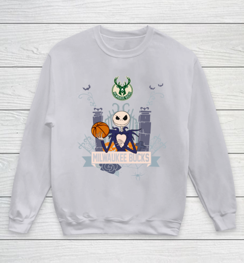 NBA Milwaukee Bucks Basketball Jack Skellington Halloween Youth Sweatshirt 3