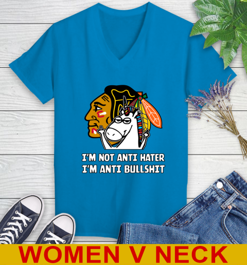 Chicago Blackhawks NHL Hockey Unicorn I'm Not Anti Hater I'm Anti Bullshit Women's V-Neck T-Shirt 8