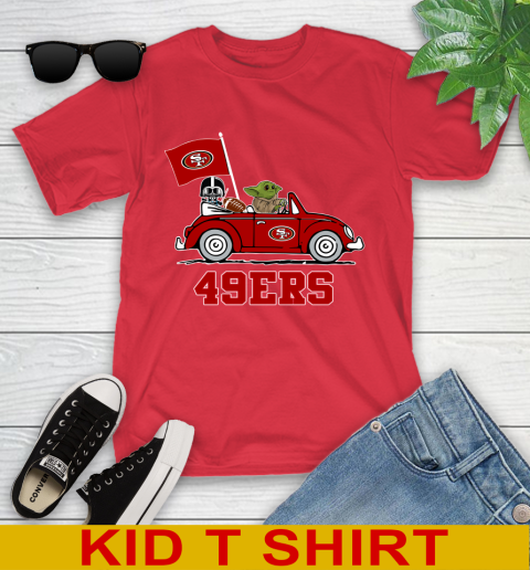 NFL Football San Francisco 49ers Darth Vader Baby Yoda Driving Star Wars Shirt Youth T-Shirt 10