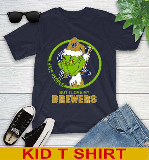 Milwaukee Brewers MLB Christmas Grinch I Hate People But I Love My Favorite Baseball Team Youth T-Shirt 3
