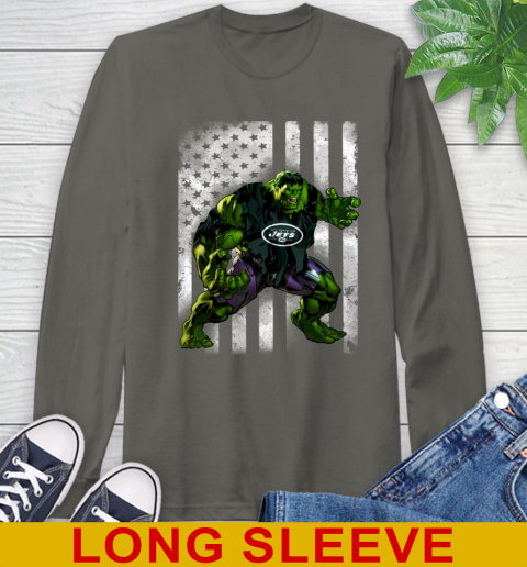 New York Jets Hulk Marvel Avengers NFL Football American Flag Long Sleeve T-Shirt 10