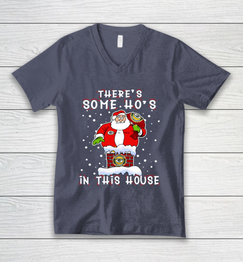 Green Bay Packers Christmas There Is Some Hos In This House Santa Stuck In The Chimney NFL V-Neck T-Shirt 7