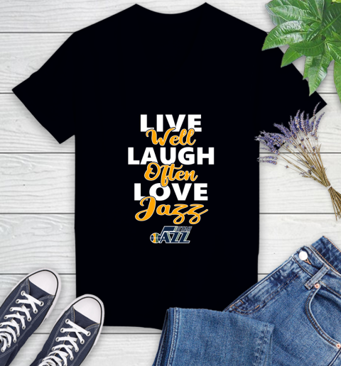 NBA Basketball Utah Jazz Live Well Laugh Often Love Shirt Women's V-Neck T-Shirt