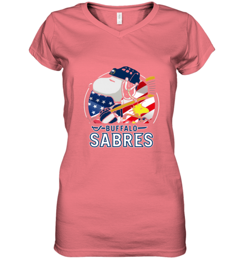bv7a buffalo sabres ice hockey snoopy and woodstock nhl women v neck t shirt 39 front coral