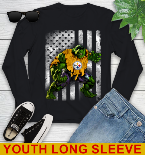 Pittsburgh Steelers Hulk Marvel Avengers NFL Football American Flag Youth Long Sleeve