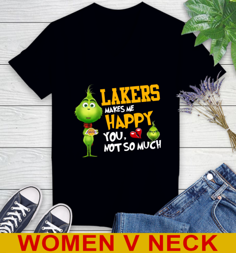 NBA Los Angeles Lakers Makes Me Happy You Not So Much Grinch Basketball Sports Women's V-Neck T-Shirt