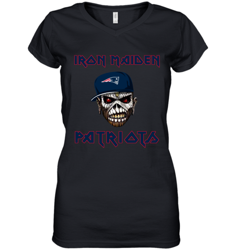 NFL New England Patriots Iron Maiden Rock Band Music Football Sports rkJy2L6r8u9 women v neck t shirt 39 95 151514 front black