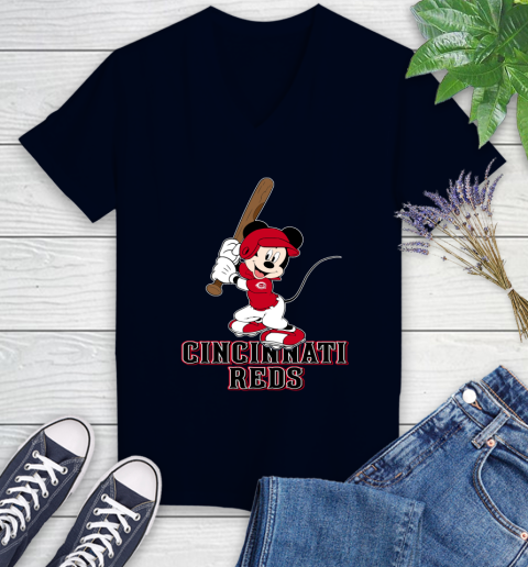 MLB Baseball Cincinnati Reds Cheerful Mickey Mouse Shirt Women's V-Neck T-Shirt 3