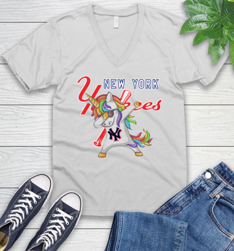 New York Yankees MLB Baseball Funny Unicorn Dabbing Sports V-Neck T-Shirt