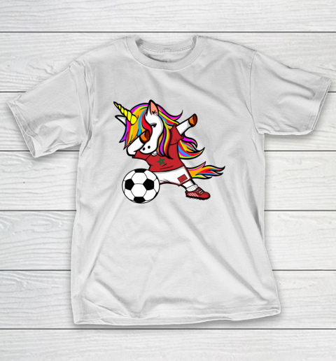 Funny Dabbing Unicorn Morocco Football Moroccan Flag Soccer T-Shirt