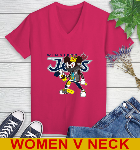 Winnipeg Jets NHL Hockey Mickey Peace Sign Sports Women's V-Neck T-Shirt 10