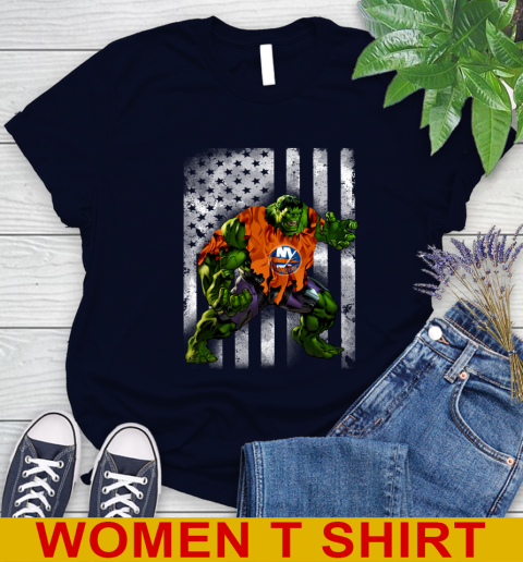 New York Islanders Hulk Marvel Avengers NHL Hockey American Flag Women's T-Shirt 2