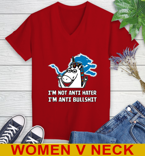 Detroit Lions NFL Football Unicorn I'm Not Anti Hater I'm Anti Bullshit Women's V-Neck T-Shirt 12