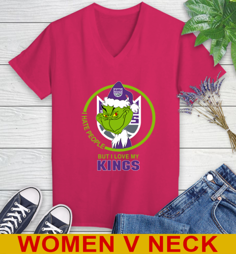 Sacramento Kings NBA Christmas Grinch I Hate People But I Love My Favorite Basketball Team Women's V-Neck T-Shirt 10