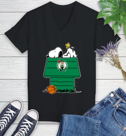 Boston Celtics NBA Basketball Snoopy Woodstock The Peanuts Movie Women's V-Neck T-Shirt 2
