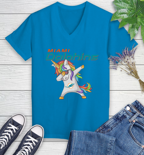 Miami Dolphins NFL Football Funny Unicorn Dabbing Sports Women's V-Neck T-Shirt 7