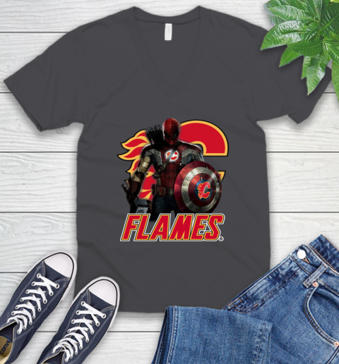 NHL Captain America Thor Spider Man Hawkeye Avengers Endgame Hockey Calgary Flames V-Neck T-Shirt 5