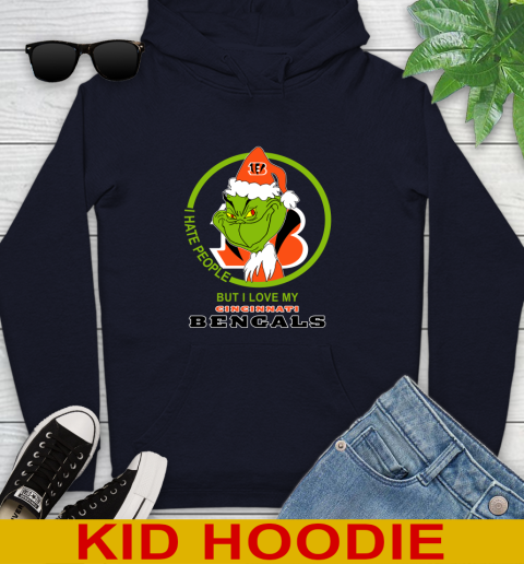 Cincinnati Bengals NFL Christmas Grinch I Hate People But I Love My Favorite Football Team Youth Hoodie 4