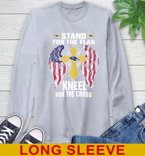 NFL Football Baltimore Ravens Stand For Flag Kneel For The Cross Shirt Long Sleeve T-Shirt - Image 7