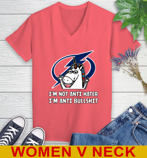 Tampa Bay Lightning NHL Hockey Unicorn I'm Not Anti Hater I'm Anti Bullshit Women's V-Neck T-Shirt 7