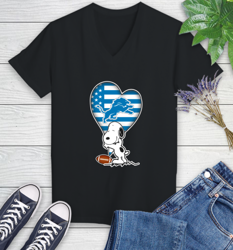 Detroit Lions NFL Football The Peanuts Movie Adorable Snoopy Women's V-Neck T-Shirt 2
