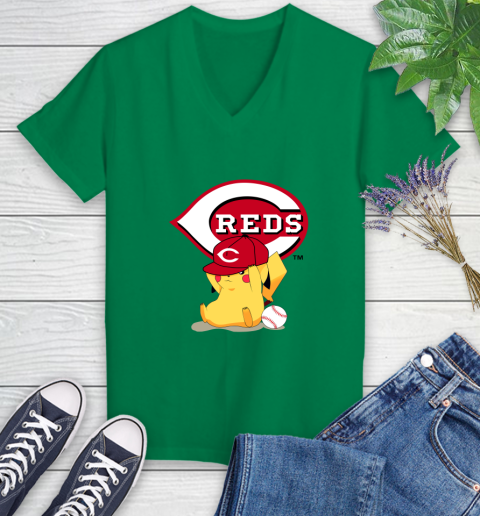 MLB Pikachu Baseball Sports Cincinnati Reds Women's V-Neck T-Shirt 5