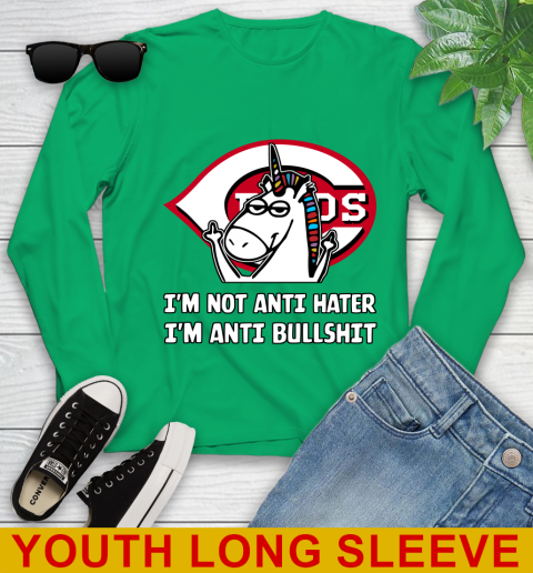 Cincinnati Reds MLB Baseball Unicorn I'm Not Anti Hater I'm Anti Bullshit Youth Long Sleeve 7