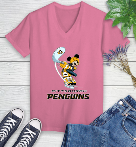 NHL Hockey Pittsburgh Penguins Cheerful Mickey Mouse Shirt Women's V-Neck T-Shirt 11
