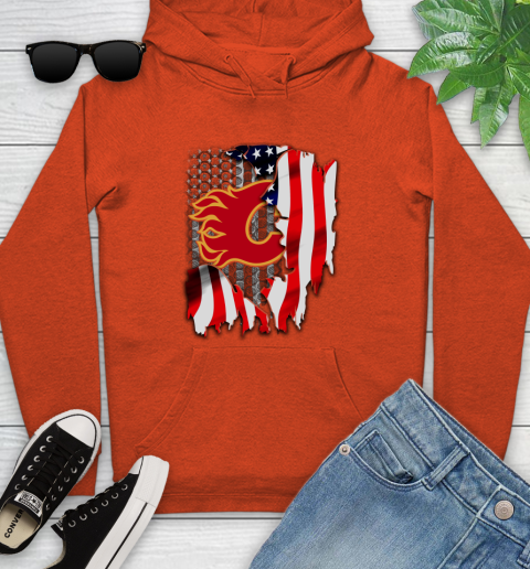 Calgary Flames NHL Hockey American Flag Youth Hoodie 4